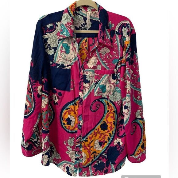 NY Collection Pink Paisley Button Up Top Size XL Front Pockets - Picture 1 of 6